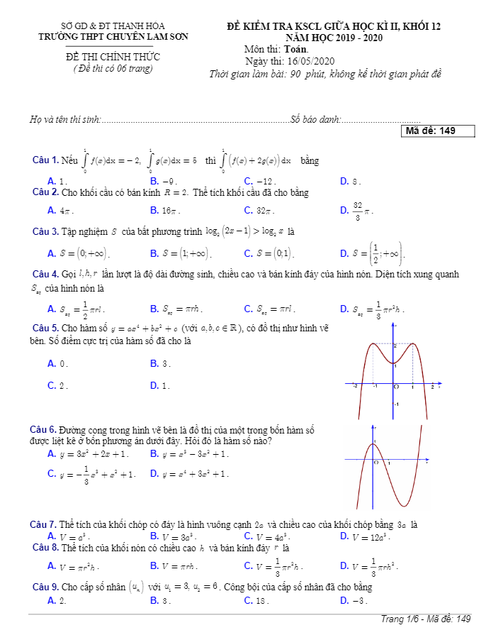 Đề KSCL giữa học kì 2 (HK2) lớp 12 môn Toán năm 2019 2020 trường chuyên Lam Sơn Thanh Hóa