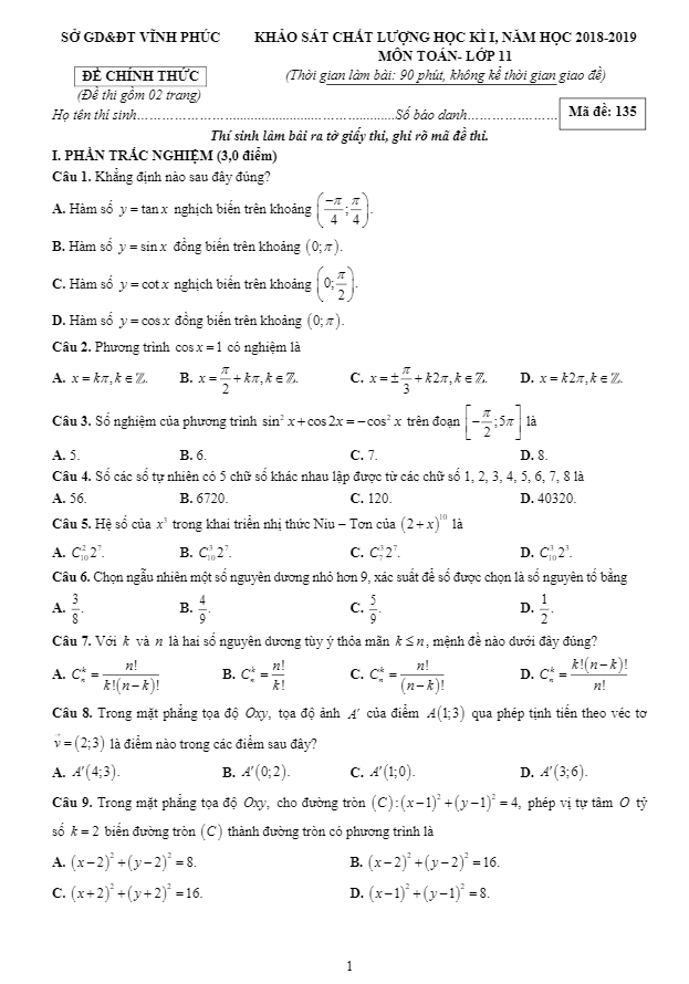 Đề KSCL học kì 1 (HK1) lớp 11 môn Toán năm học 2018 2019 sở GD và ĐT Vĩnh Phúc