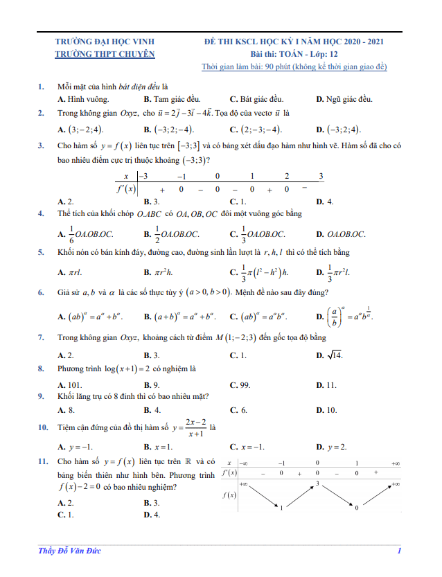 Đề KSCL học kì 1 (HK1) lớp 12 môn Toán năm 2020 2021 trường chuyên Đại học Vinh Nghệ An