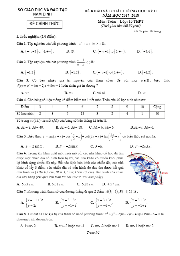 Đề KSCL học kì 2 (HK2) lớp 10 môn Toán THPT năm 2017 2018 sở GD và ĐT Nam Định