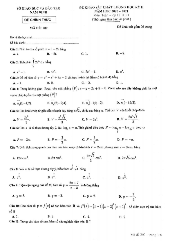 Đề KSCL học kì 2 (HK2) lớp 12 môn Toán năm 2020 2021 sở GD ĐT Nam Định