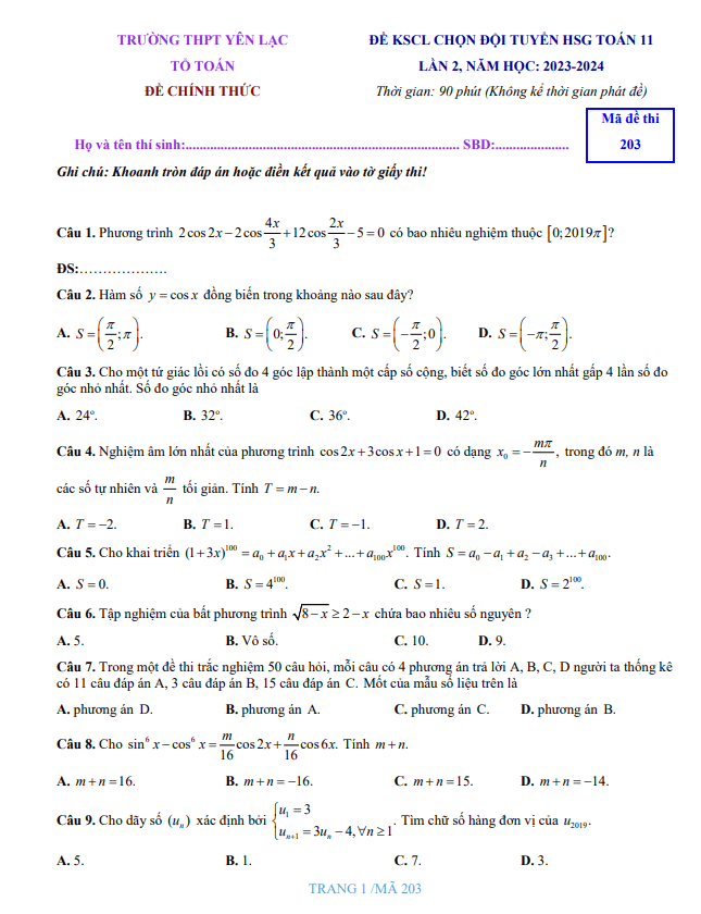Đề KSCL HSG lớp 11 môn Toán lần 2 năm 2023 2024 trường THPT Yên Lạc Vĩnh Phúc