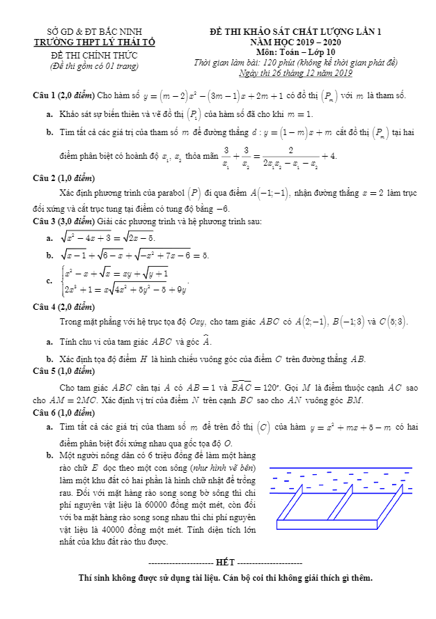 Đề KSCL lần 1 lớp 10 môn Toán năm 2019 2020 trường THPT Lý Thái Tổ Bắc Ninh