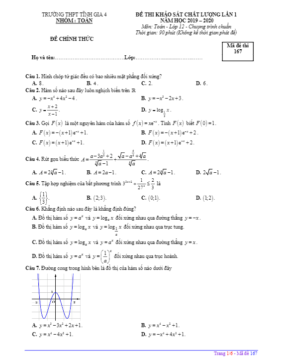 Đề KSCL lần 1 lớp 12 môn Toán năm 2019 2020 trường THPT Tĩnh Gia 4 Thanh Hoá