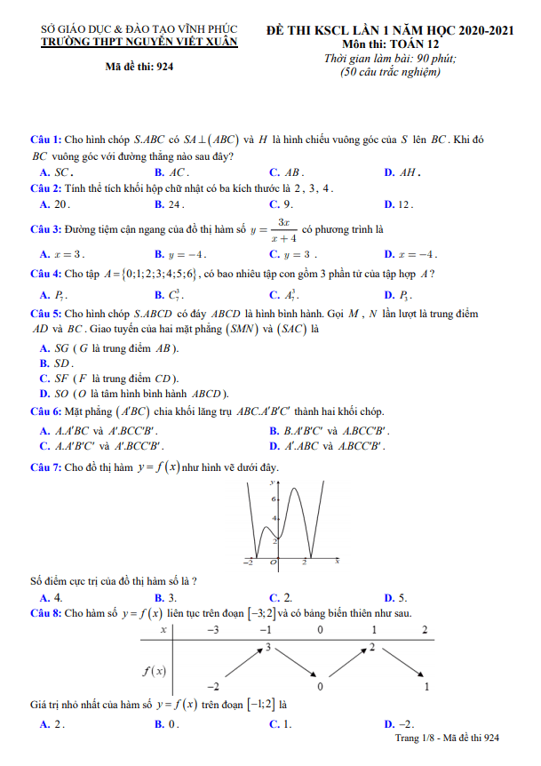 Đề KSCL lần 1 lớp 12 môn Toán năm 2020 2021 trường THPT Nguyễn Viết Xuân Vĩnh Phúc