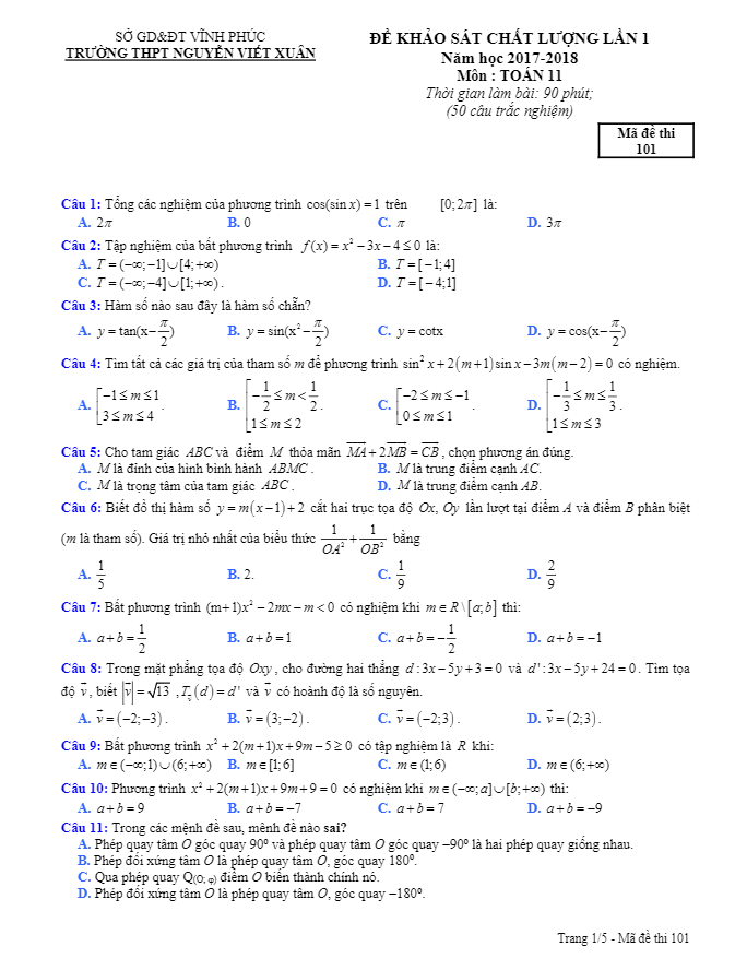 Đề KSCL lần 1 năm học 2017 2018 lớp 11 môn Toán trường THPT Nguyễn Viết Xuân Vĩnh Phúc