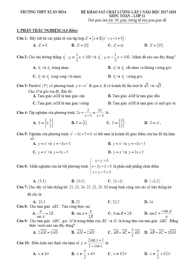Đề KSCL lần 1 năm học 2017 2018 lớp 11 môn Toán trường THPT Xuân Hòa Vĩnh Phúc