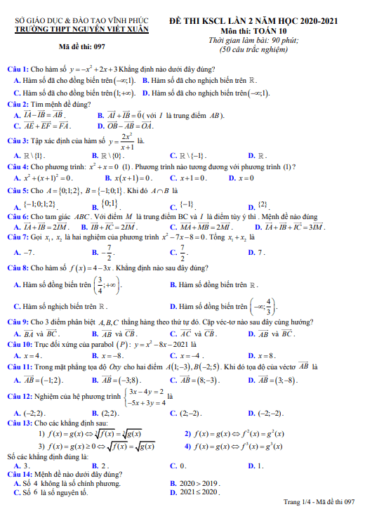 Đề KSCL lần 2 lớp 10 môn Toán năm 2020 2021 trường THPT Nguyễn Viết Xuân Vĩnh Phúc