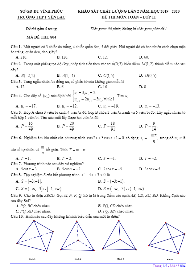 Đề KSCL lần 2 lớp 11 môn Toán năm 2019 2020 trường THPT Yên Lạc Vĩnh Phúc
