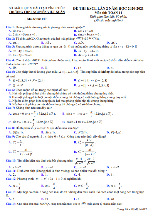 Đề KSCL lần 2 lớp 11 môn Toán năm 2020 2021 trường THPT Nguyễn Viết Xuân Vĩnh Phúc
