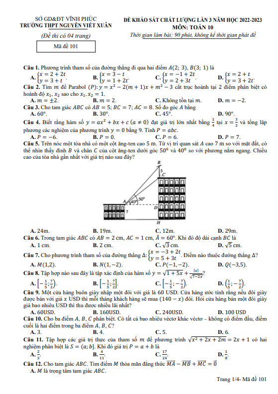 Đề KSCL lần 3 lớp 10 môn Toán năm 2022 2023 trường THPT Nguyễn Viết Xuân Vĩnh Phúc