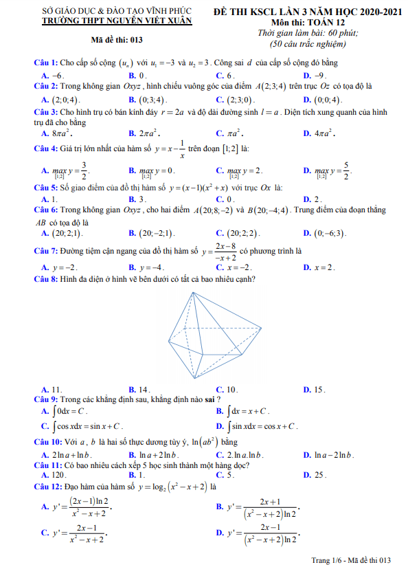 Đề KSCL lần 3 lớp 12 môn Toán năm 2020 2021 trường THPT Nguyễn Viết Xuân Vĩnh Phúc
