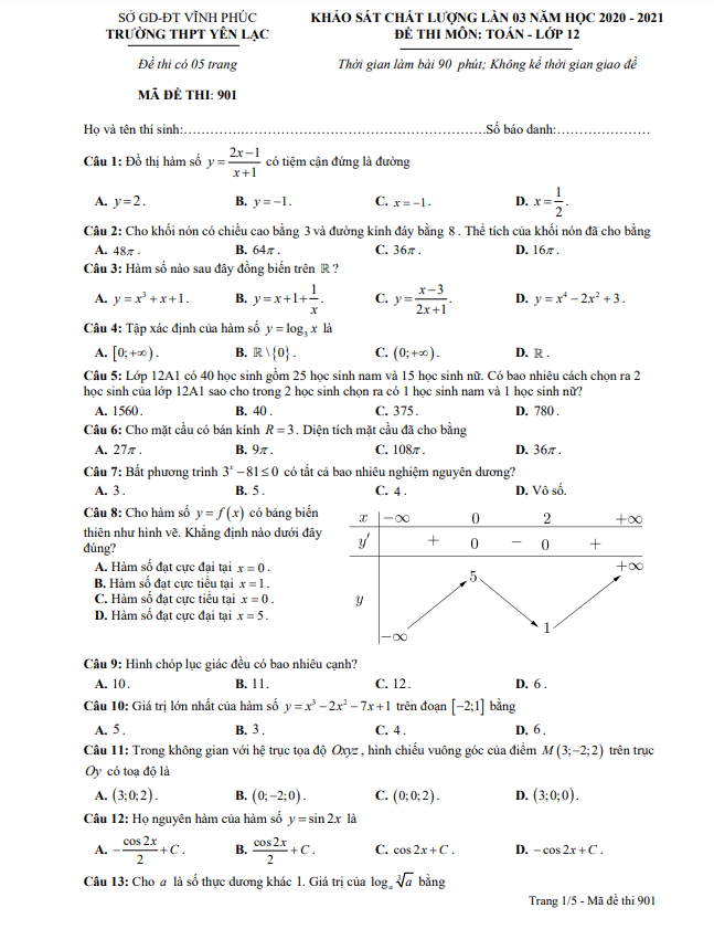 Đề KSCL lần 3 lớp 12 môn Toán năm 2020 2021 trường THPT Yên Lạc Vĩnh Phúc