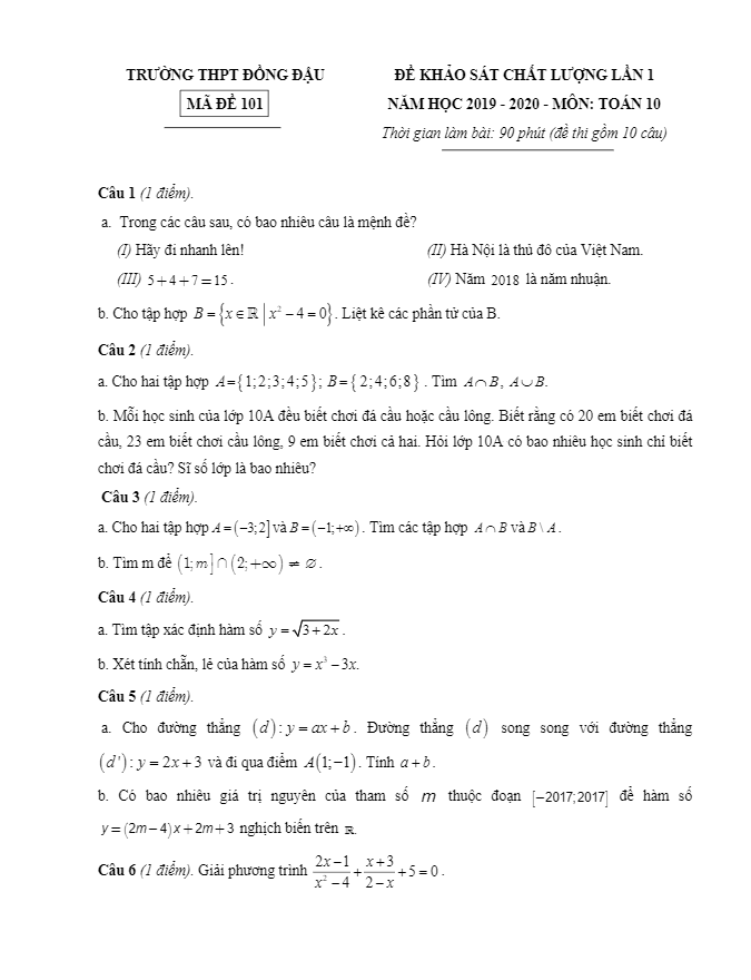Đề KSCL lớp 10 môn Toán lần 1 năm 2019 2020 trường THPT Đồng Đậu Vĩnh Phúc