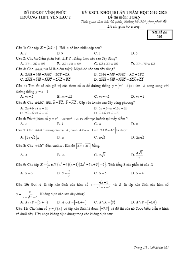 Đề KSCL lớp 10 môn Toán lần 1 năm 2019 2020 trường THPT Yên Lạc 2 Vĩnh Phúc