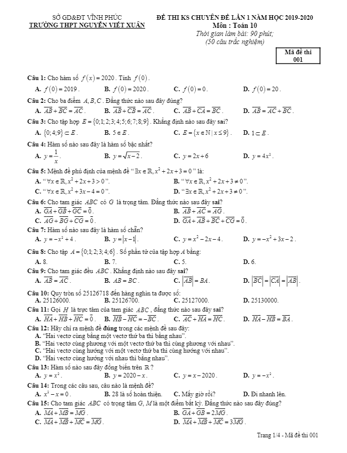 Đề KSCL lớp 10 môn Toán lần 1 năm 2019 – 2020 trường Nguyễn Viết Xuân – Vĩnh Phúc