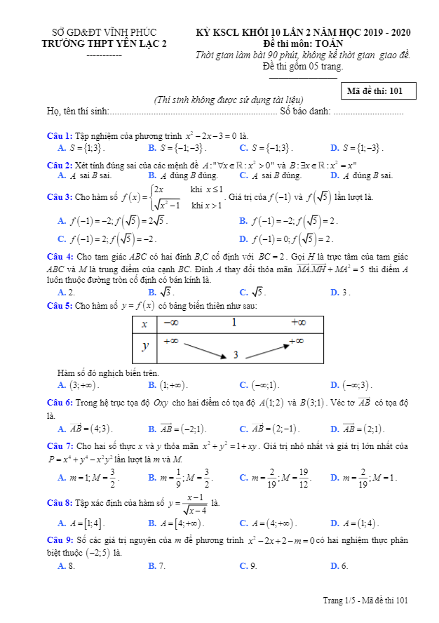 Đề KSCL lớp 10 môn Toán lần 2 năm 2019 2020 trường THPT Yên Lạc 2 Vĩnh Phúc