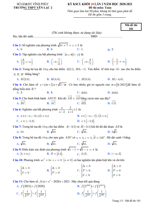 Đề KSCL lớp 10 môn Toán lần 2 năm 2020 2021 trường THPT Yên Lạc 2 Vĩnh Phúc