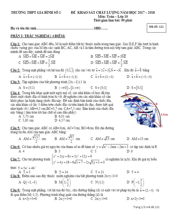 Đề KSCL lớp 10 môn Toán năm học 2017 2018 trường THPT Gia Bình số 1 Bắc Ninh