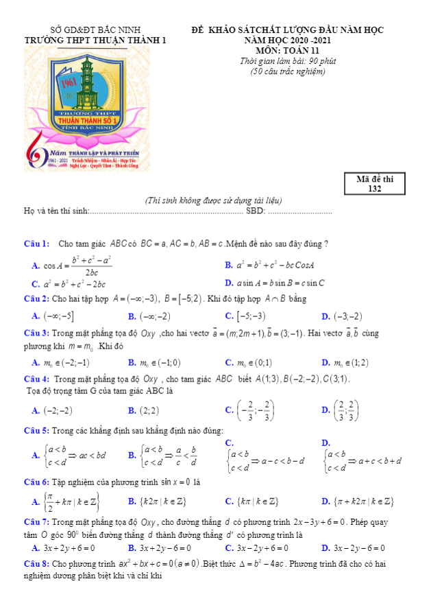 Đề KSCL lớp 11 môn Toán đầu năm học 2020 2021 trường Thuận Thành 1 Bắc Ninh