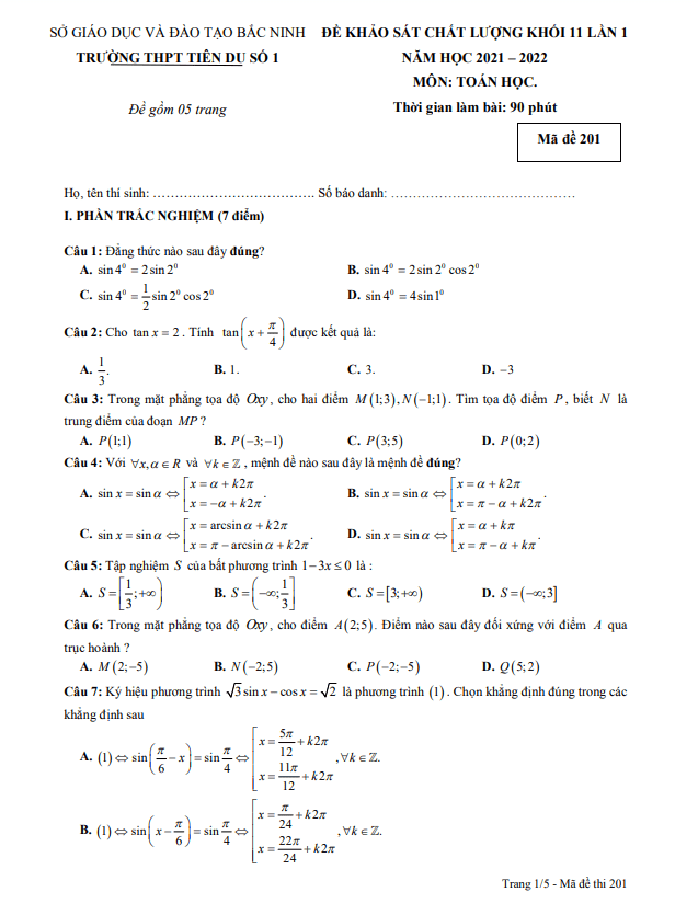 Đề KSCL lớp 11 môn Toán lần 1 năm 2021 2022 trường THPT Tiên Du 1 Bắc Ninh