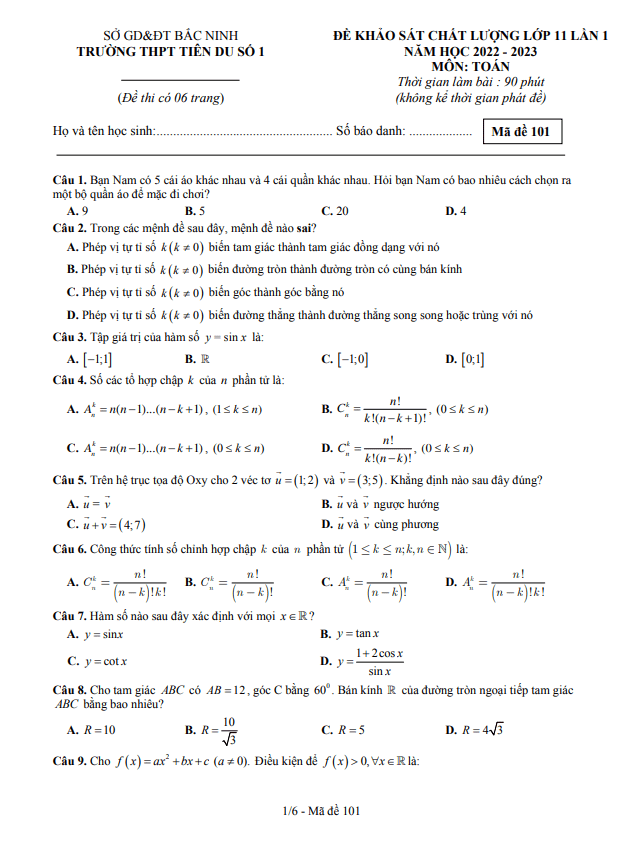Đề KSCL lớp 11 môn Toán lần 1 năm 2022 2023 trường THPT Tiên Du 1 Bắc Ninh