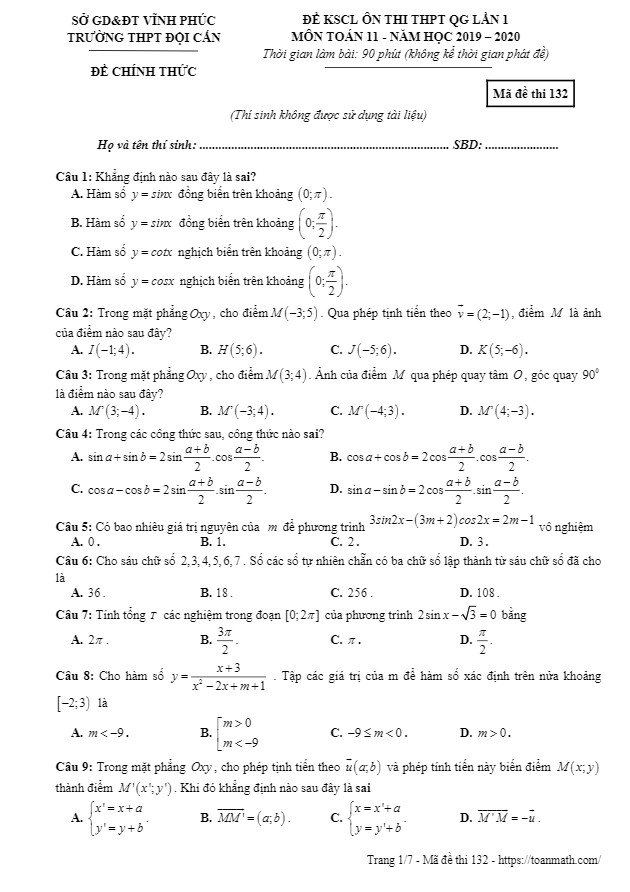 Đề KSCL lớp 11 môn Toán lần 1 ôn thi THPTQG 2019 2020 trường Đội Cấn Vĩnh Phúc