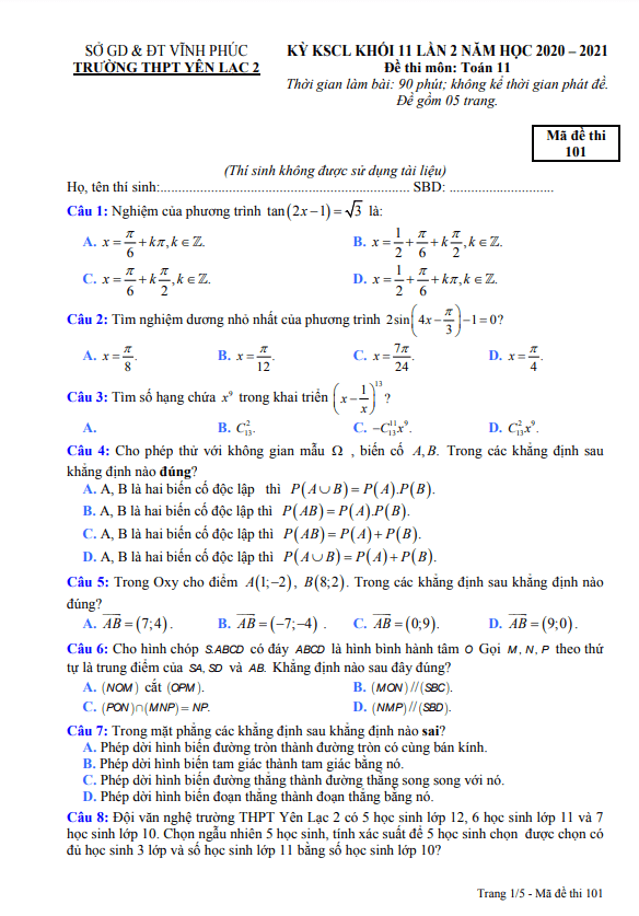 Đề KSCL lớp 11 môn Toán lần 2 năm 2020 2021 trường THPT Yên Lạc 2 Vĩnh Phúc