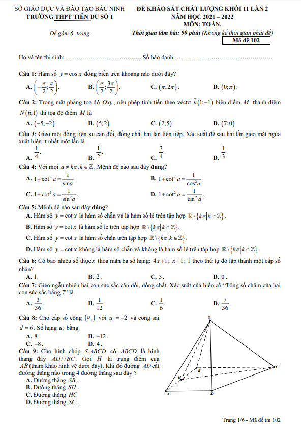 Đề KSCL lớp 11 môn Toán lần 2 năm 2021 2022 trường THPT Tiên Du 1 Bắc Ninh