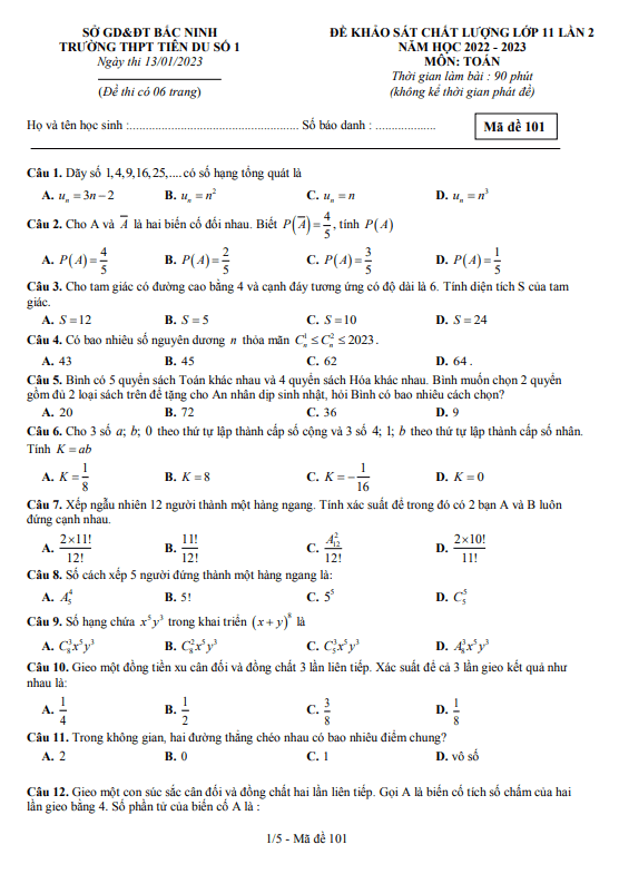 Đề KSCL lớp 11 môn Toán lần 2 năm 2022 2023 trường THPT Tiên Du 1 Bắc Ninh