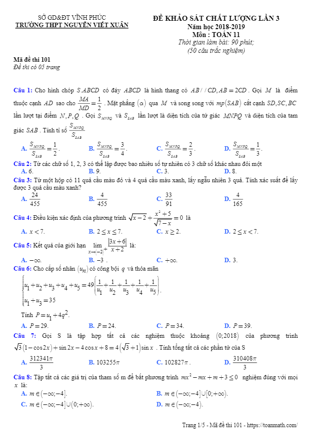 Đề KSCL lớp 11 môn Toán lần 3 năm 2018 2019 trường Nguyễn Viết Xuân Vĩnh Phúc