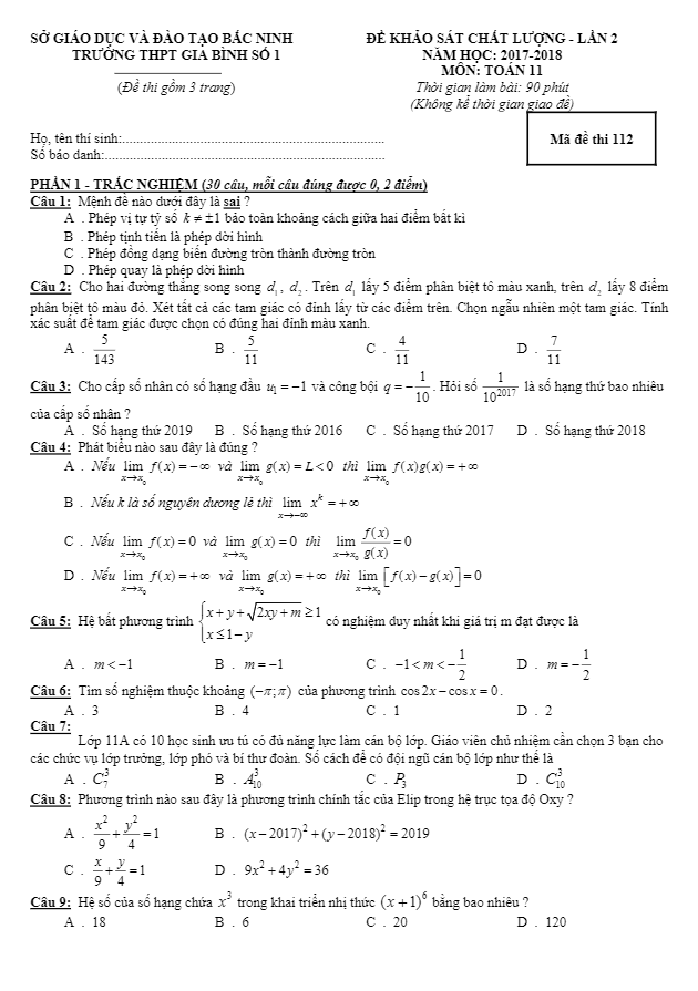 Đề KSCL lớp 11 môn Toán năm học 2017 2018 trường THPT Gia Bình số 1 Bắc Ninh