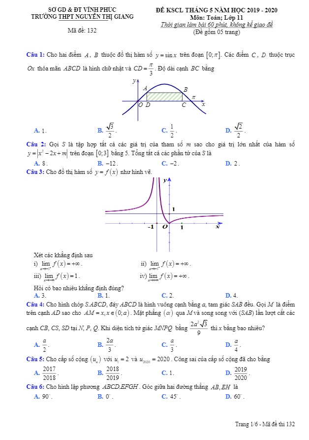 Đề KSCL lớp 11 môn Toán tháng 5 năm 2020 trường THPT Nguyễn Thị Giang Vĩnh Phúc