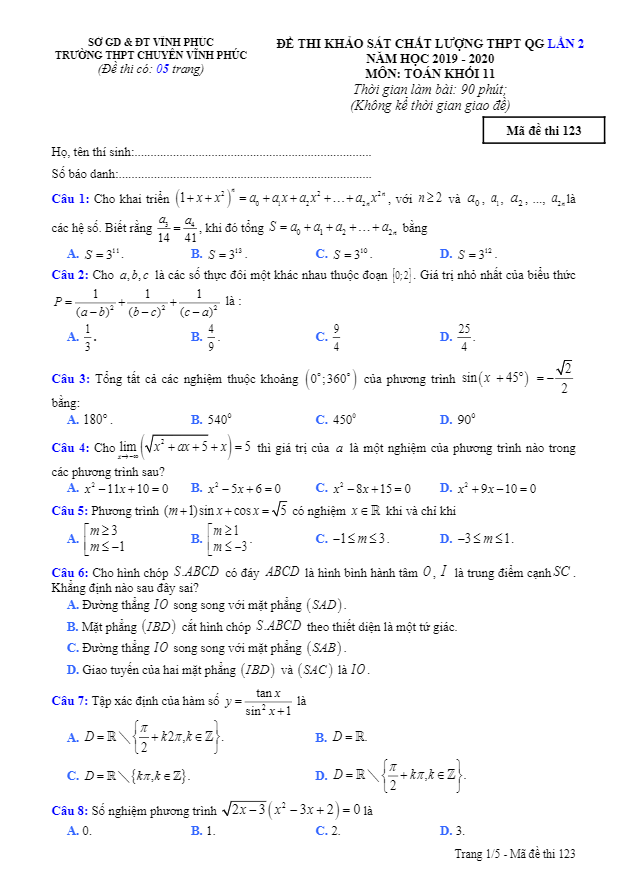 Đề KSCL lớp 11 môn Toán thi THPT QG 2020 lần 2 trường THPT chuyên Vĩnh Phúc