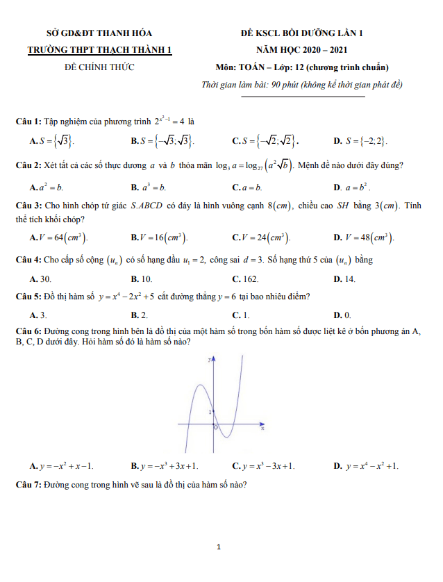 Đề KSCL lớp 12 môn Toán lần 1 năm 2020 2021 trường Thạch Thành 1 Thanh Hóa