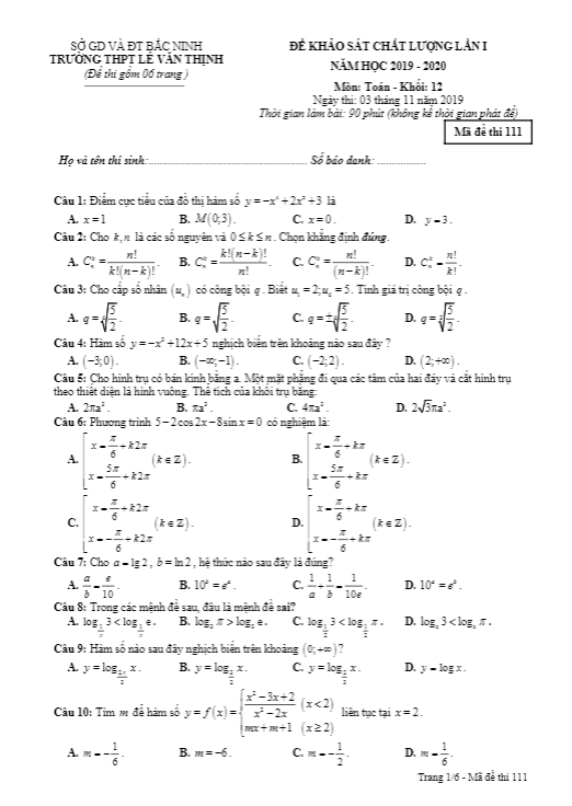Đề KSCL lớp 12 môn Toán lần 1 năm học 2019 2020 trường Lê Văn Thịnh Bắc Ninh