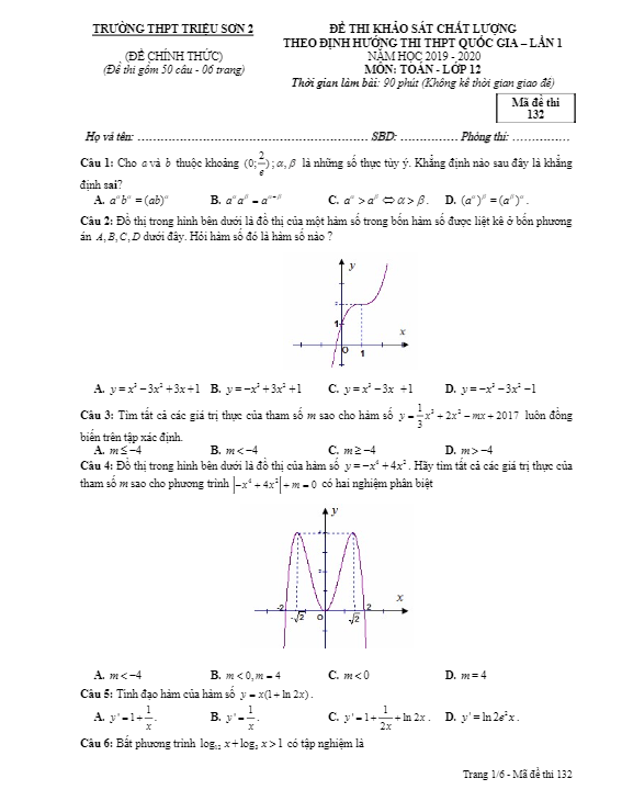 Đề KSCL lớp 12 môn Toán lần 1 ôn thi THPTQG 2020 trường Triệu Sơn 2 Thanh Hóa