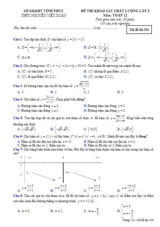 Đề KSCL lớp 12 môn Toán lần 2 năm 2019 2020 trường Nguyễn Viết Xuân Vĩnh Phúc