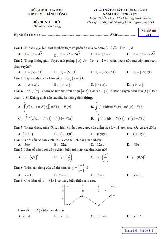 Đề KSCL lớp 12 môn Toán lần 2 năm 2020 2021 trường THPT Lý Thánh Tông Hà Nội
