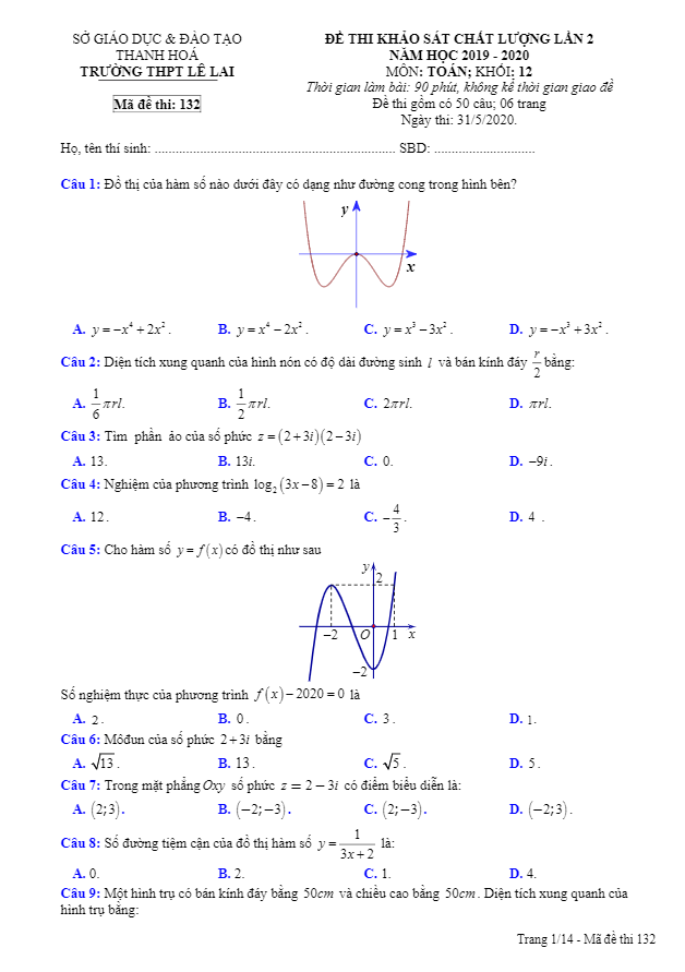 Đề KSCL lớp 12 môn Toán lần 2 năm học 2019 2020 trường THPT Lê Lai Thanh Hóa