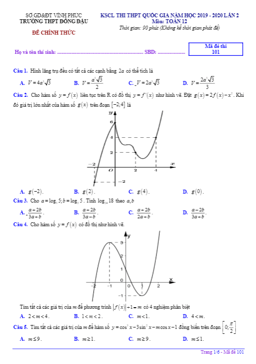 Đề KSCL lớp 12 môn Toán lần 2 thi THPT QG 2020 trường THPT Đồng Đậu Vĩnh Phúc