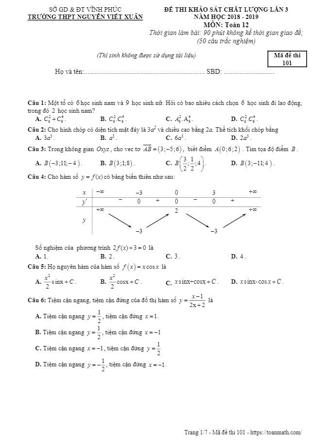 Đề KSCL lớp 12 môn Toán lần 3 năm 2018 – 2019 trường Nguyễn Viết Xuân Vĩnh Phúc