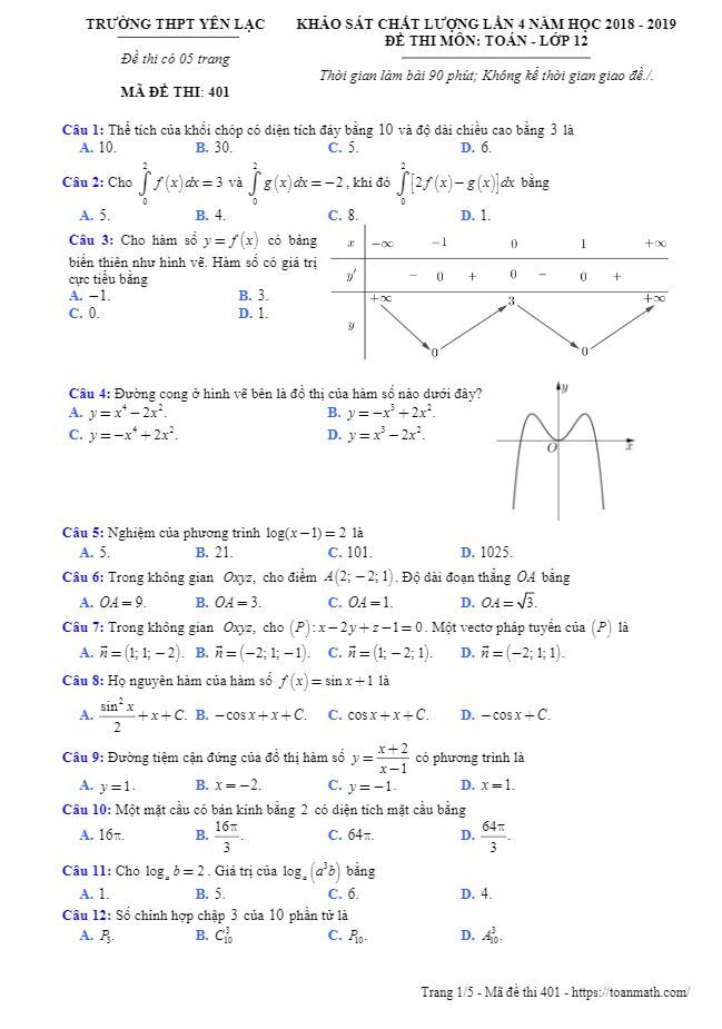 Đề KSCL lớp 12 môn Toán lần 4 năm 2018 2019 trường THPT Yên Lạc Vĩnh Phúc