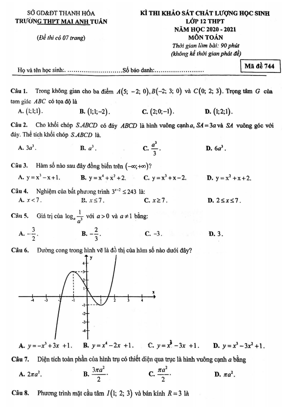 Đề KSCL lớp 12 môn Toán năm 2020 2021 trường THPT Mai Anh Tuấn Thanh Hóa