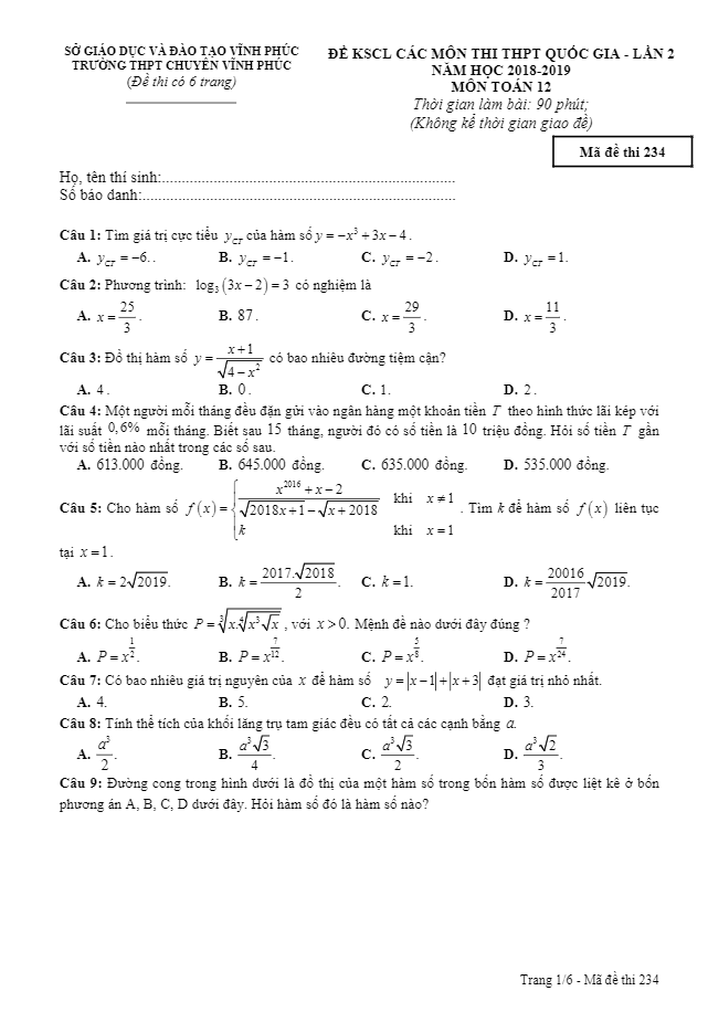 Đề KSCL lớp 12 môn Toán ôn thi THPT Quốc gia năm 2018 2019 trường chuyên Vĩnh Phúc lần 2