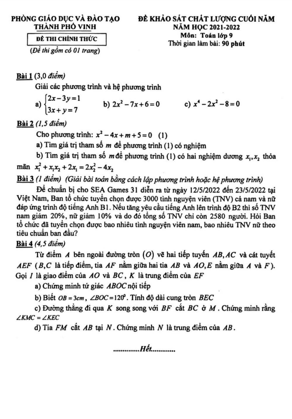 Đề KSCL lớp 9 môn Toán cuối năm 2021 2022 phòng GD ĐT thành phố Vinh Nghệ An