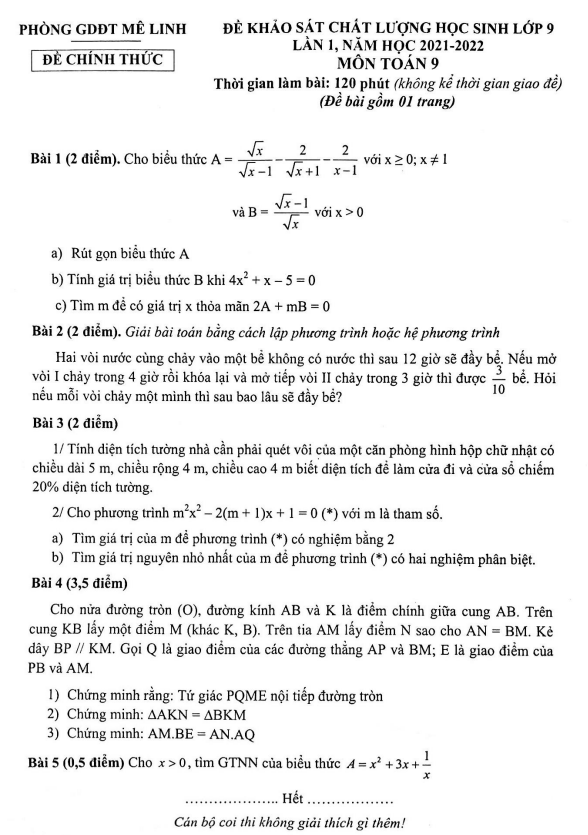 Đề KSCL lớp 9 môn Toán lần 1 năm 2021 2022 phòng GD ĐT Mê Linh Hà Nội