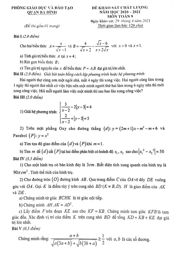 Đề KSCL lớp 9 môn Toán năm 2020 2021 phòng GD ĐT Ba Đình Hà Nội