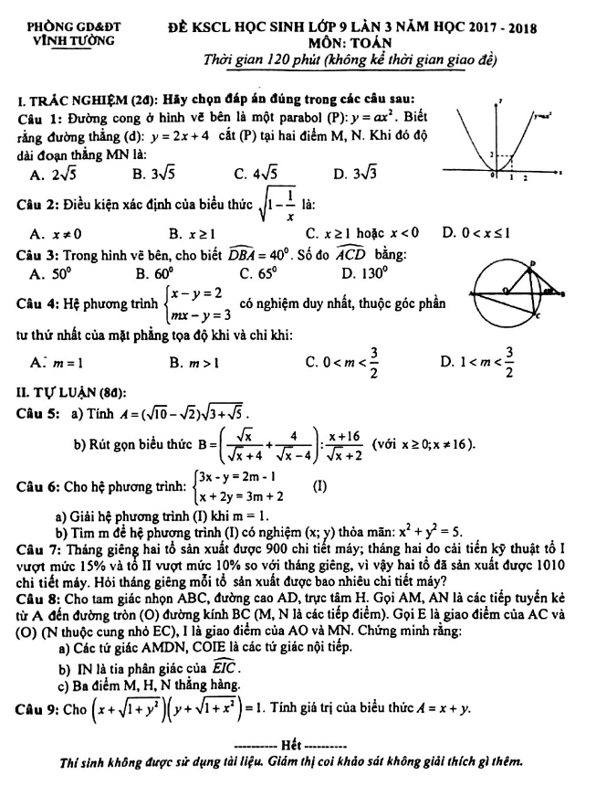 Đề KSCL lớp 9 môn Toán năm học 2017 2018 phòng GD và ĐT Vĩnh Tường Vĩnh Phúc lần 3