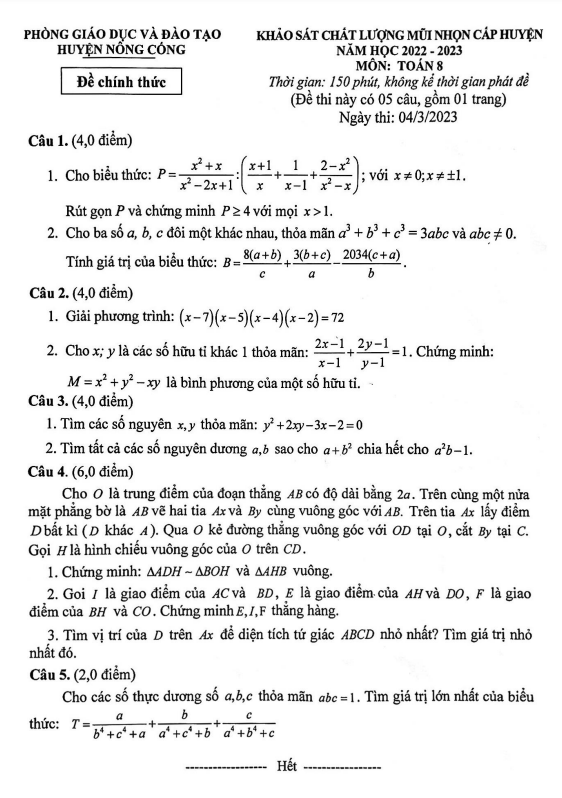 Đề KSCL mũi nhọn lớp 8 môn Toán năm 2022 2023 phòng GD ĐT Nông Cống Thanh Hóa